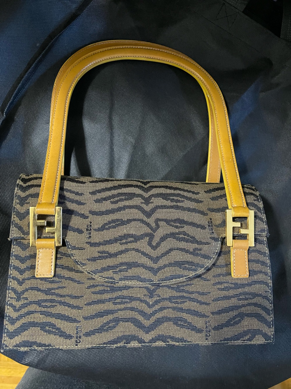 Fendi Brown and Navy Logo Jacquard Shoulder Bag with Tan Leather Straps